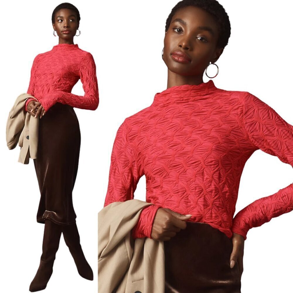 Maeve Anthropologie Long Sleeve Mock Neck Textured Top Women's XL Coral Pink NWT